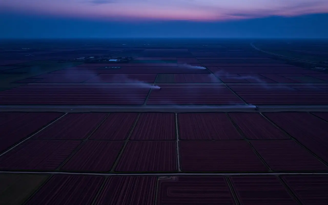 Vista aérea de tierras de cultivo con sistemas de riego al atardecer